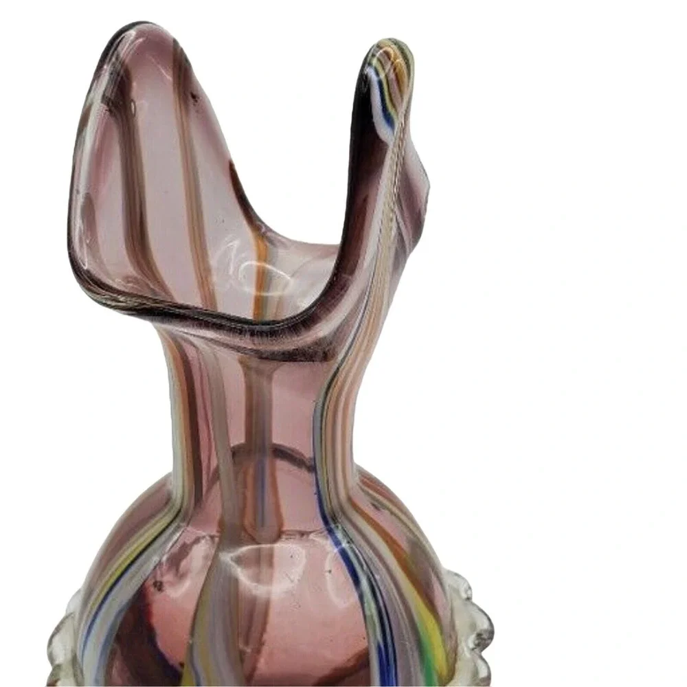 Lead Crystal Multicolor Striped Art Glass Vase Ruffled Rainbow Ribbon Statement - Picture 4 of 10